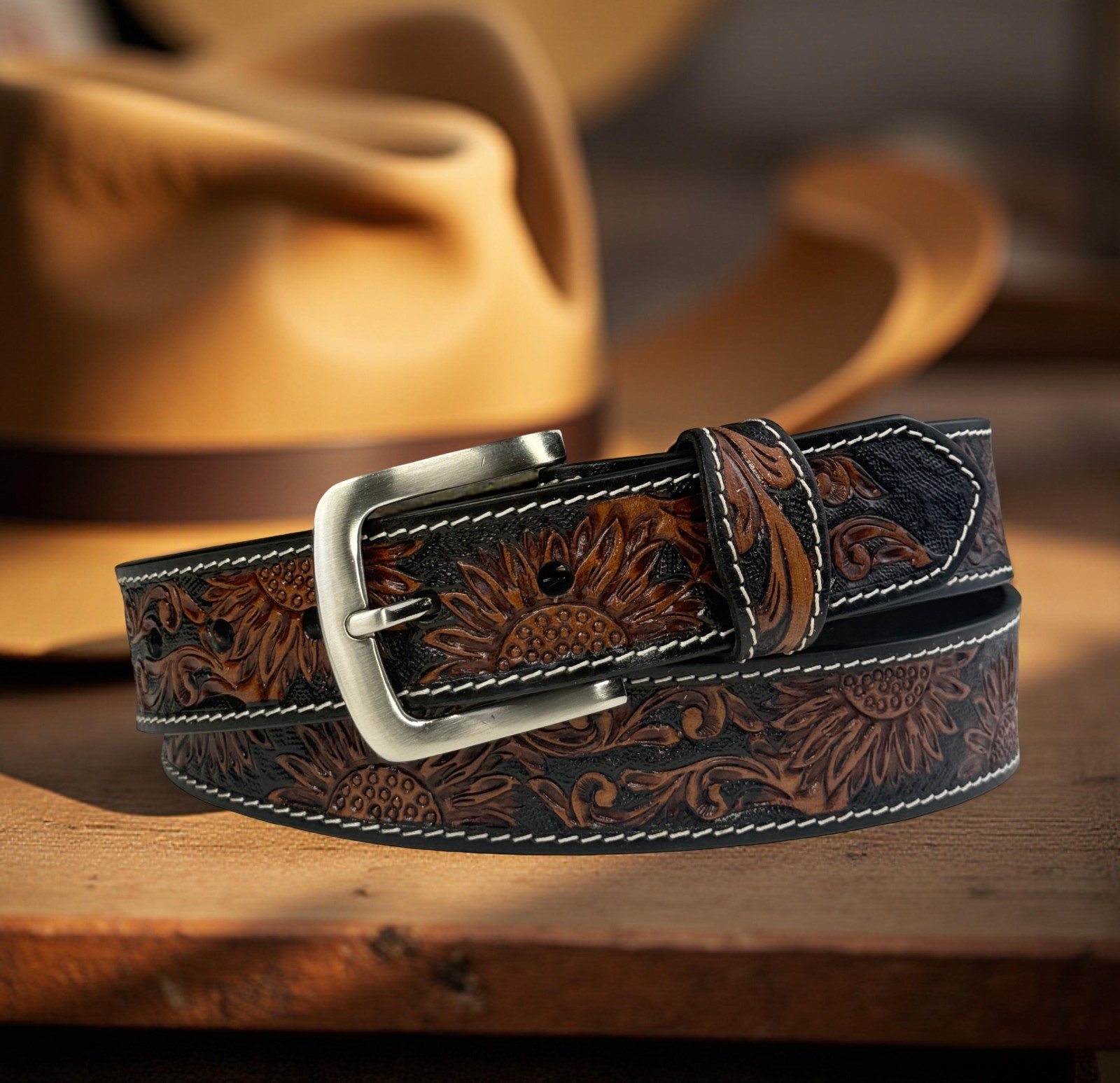 Western Leathe Belt Cowboy Rodeo Full Grain Leather Hand Tooled Removable Buckle