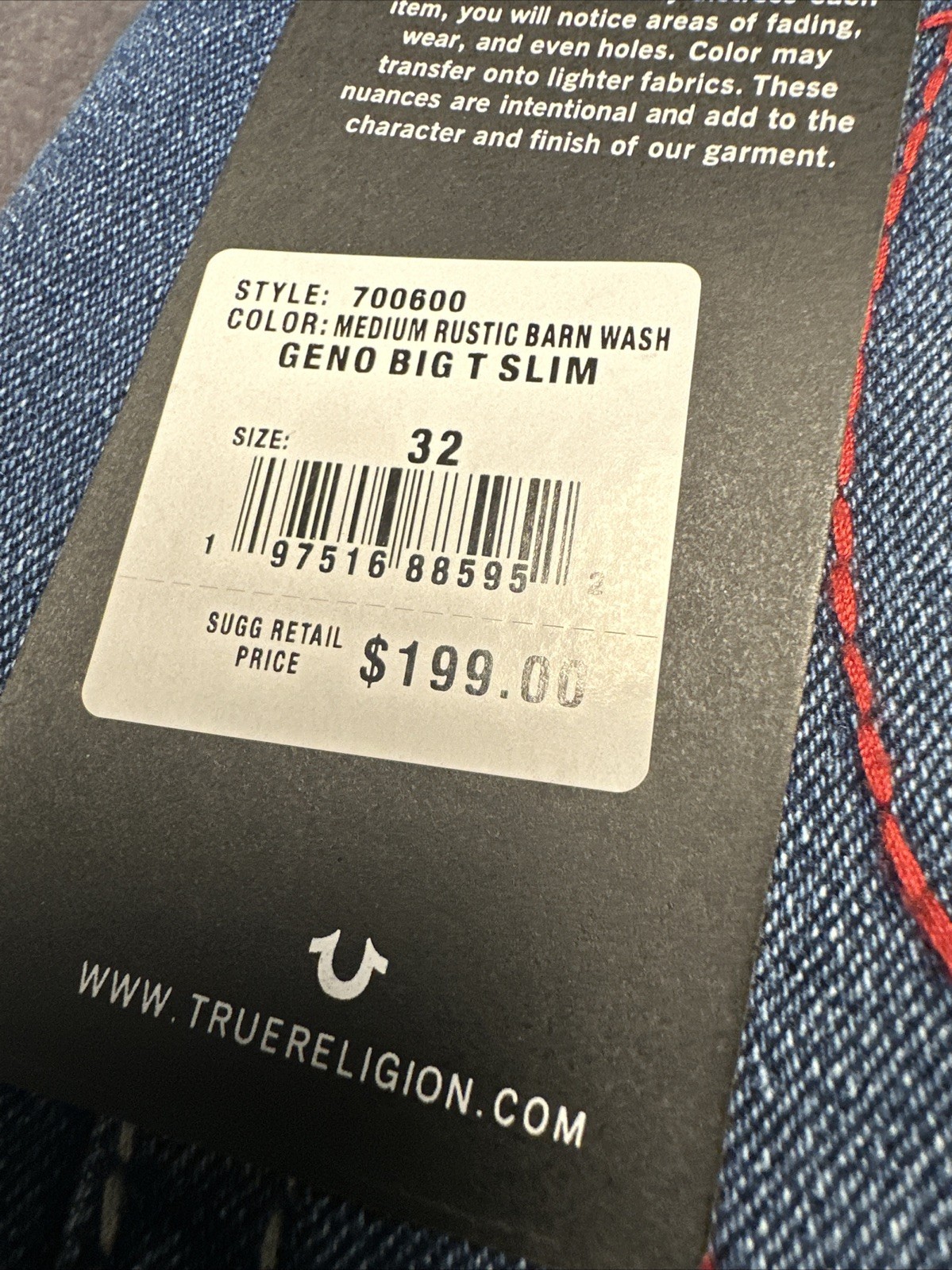 True Religion Geno Big T ”Medium Rustic Barn Wash” 32×32 Relaxed Slim #700600