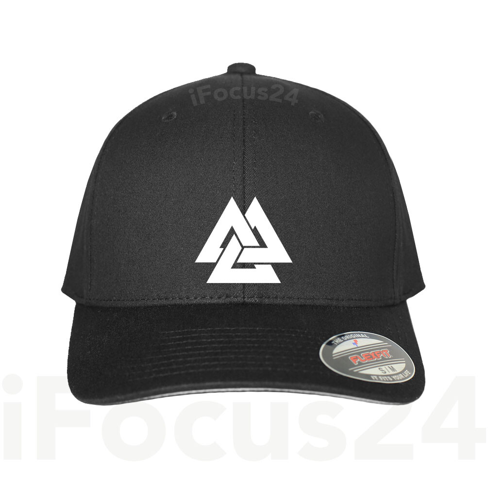 VALKNUT ODIN NORSE GOD VIKING SYMBOL Fitted Flex-Fit Hat Round Bill Black Cap