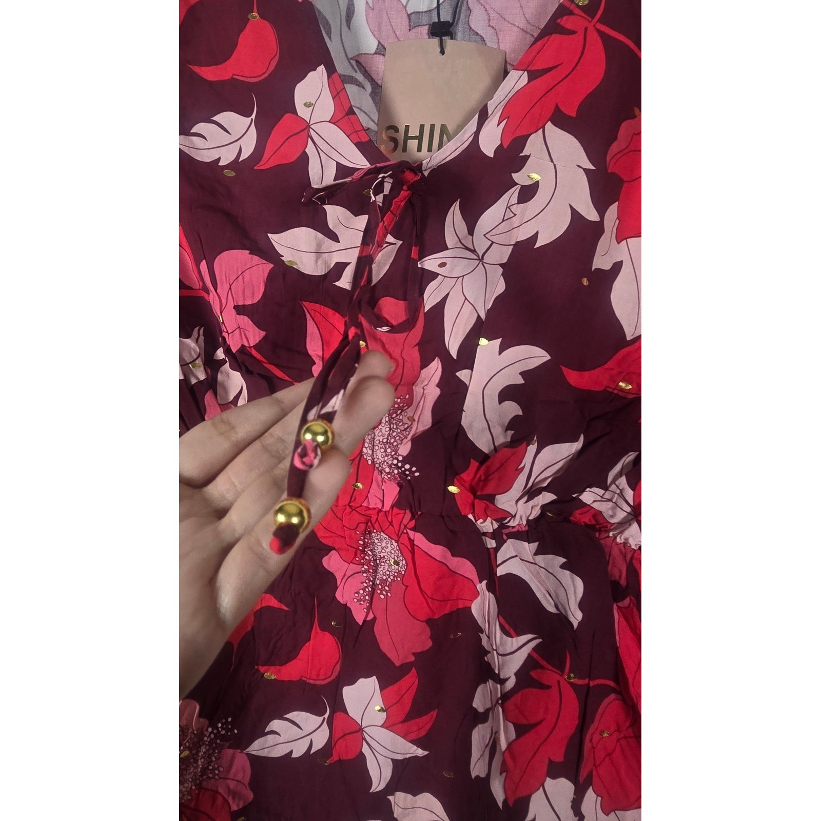 Herve Benard Womens Floral Peplum Top Burgundy Pink V-Neck Blouse M New