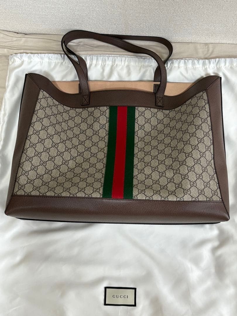 GUCCI Ophidia GG Supreme Web Medium Tote Bag Beige Ebony Brown Gold Hardware