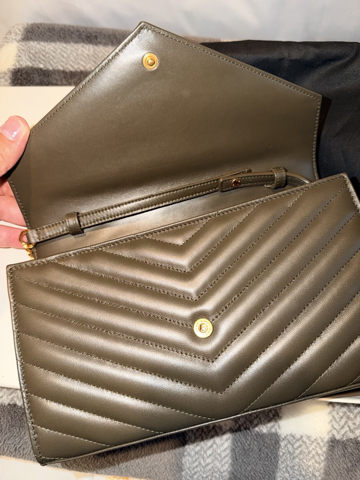 YSL Monogram Envelope Chevron Quilted Chain Wallet Crossbody Dark Green