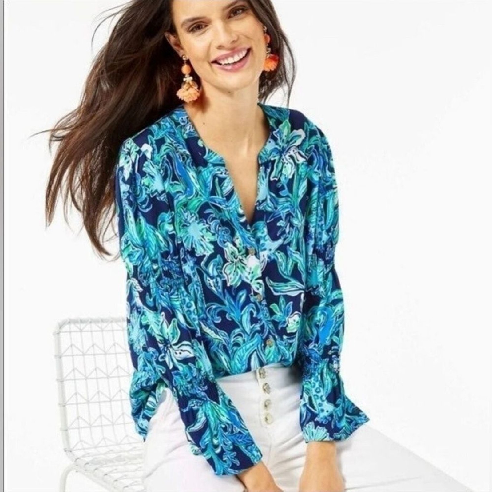 Lilly Pulitzer Womens Maritza Floral Button Down Blouse High Tide Navy S Blue