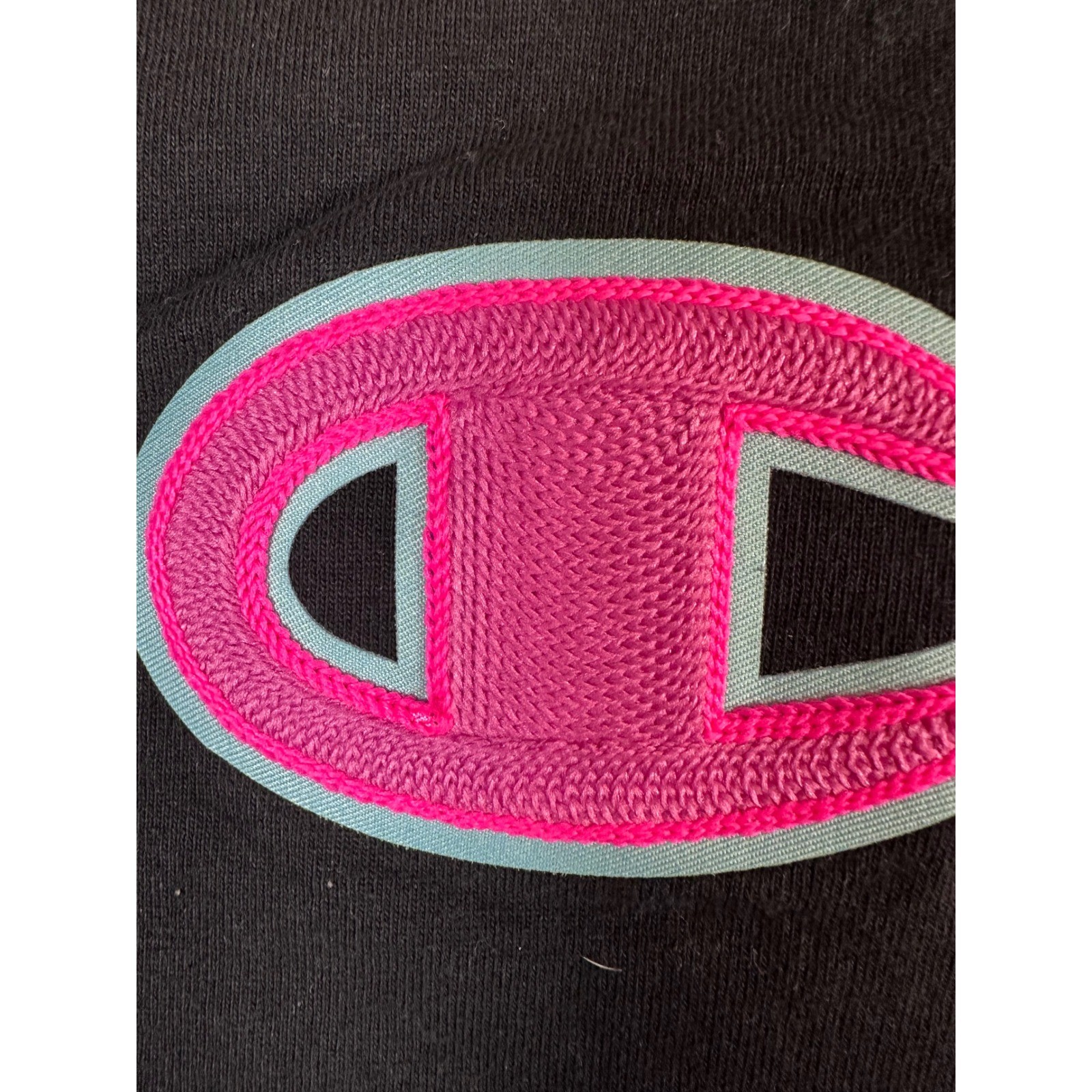 Champion Heritage Black T-Shirt Pink Chenille Script Logo Mens Large GT19 BKC
