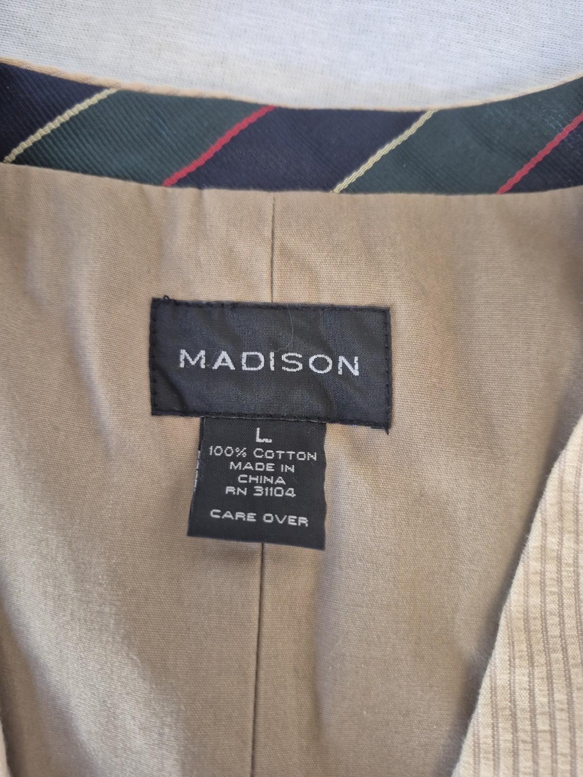 Mens Large Madison Brand Button Front Suit Vest Tan Brown Good 100% Cotton