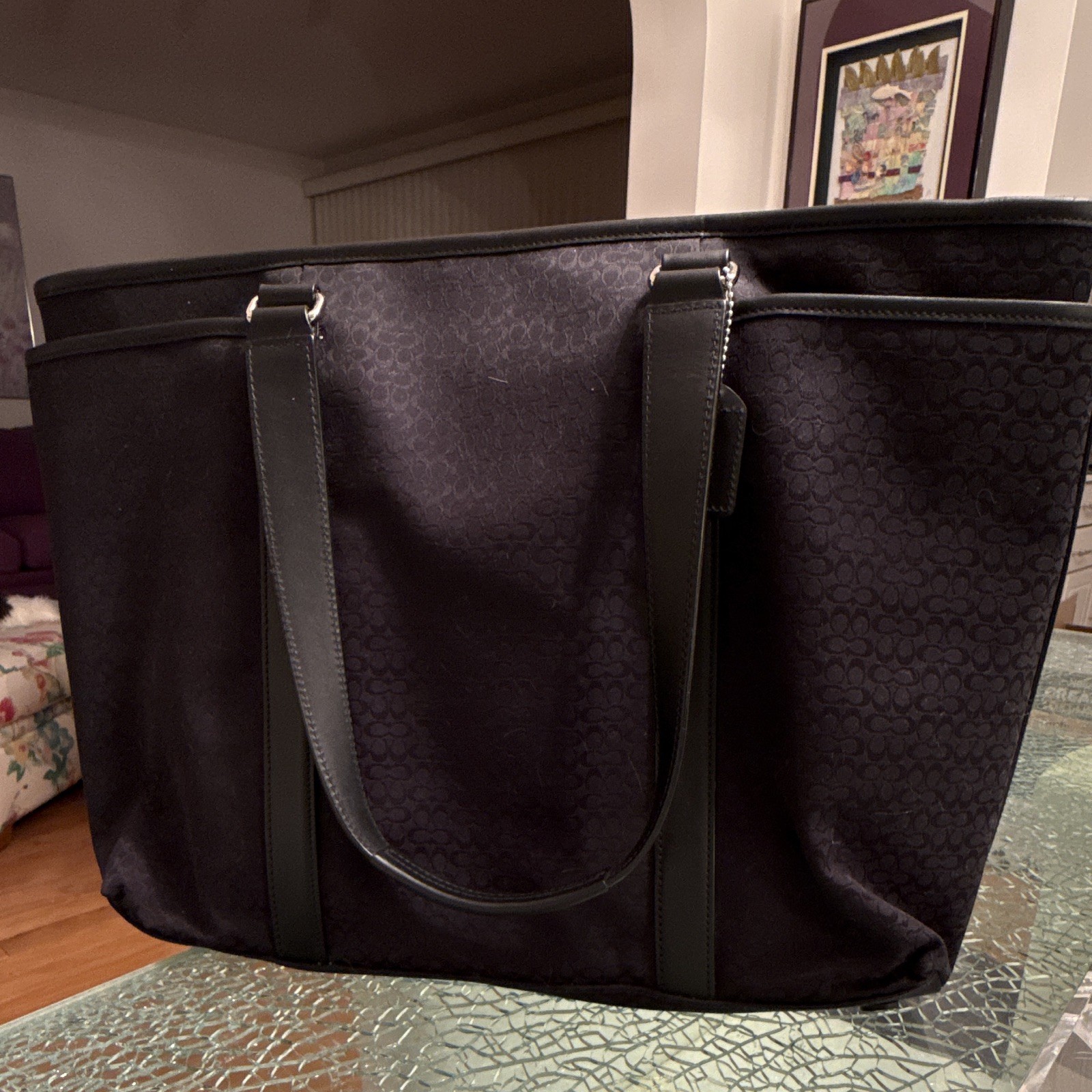 Coach Signature Black Zip-Top Tote Shoulder Bag w/ Pockets, Studs, Charm