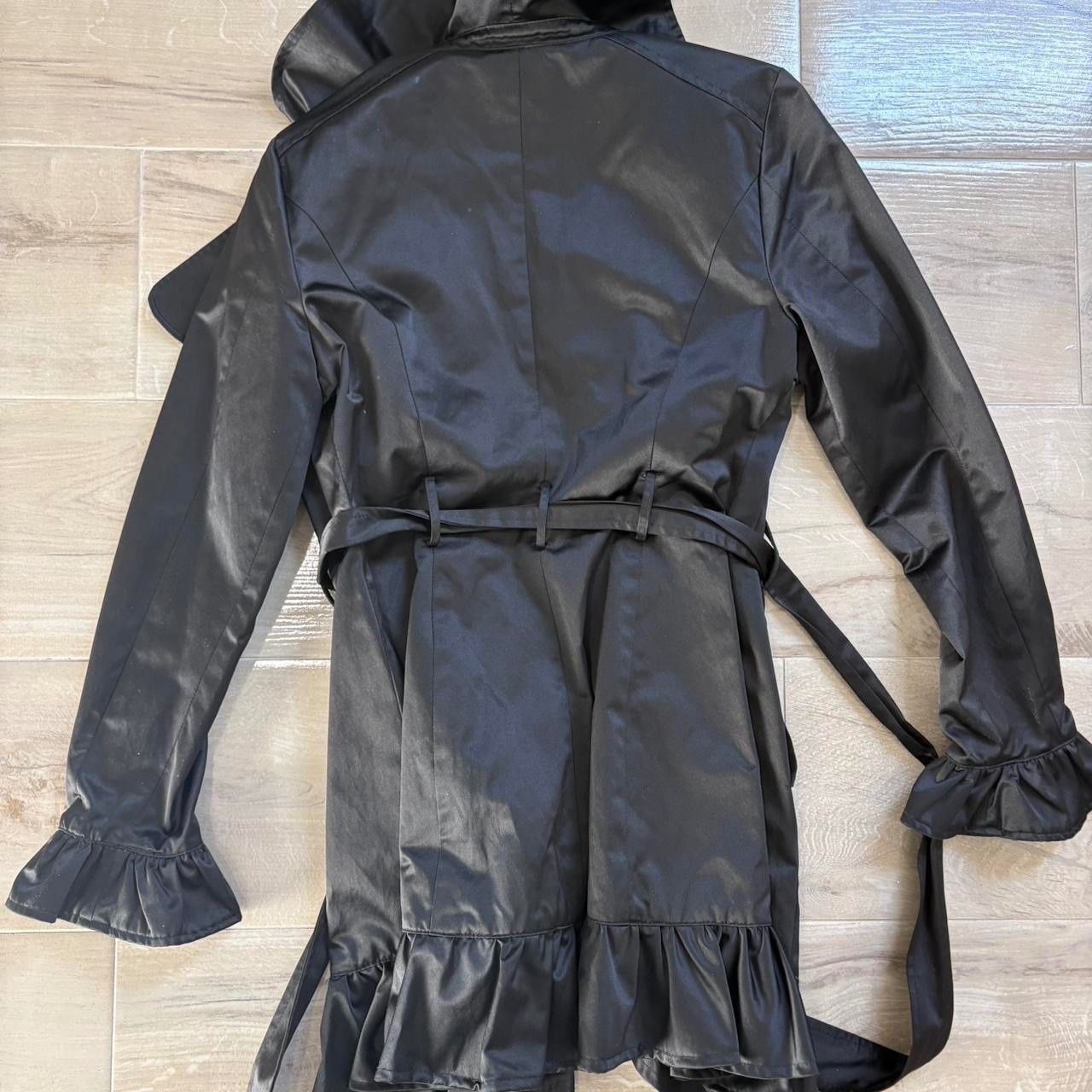 bebe Shiny Ruffle Trim Black Shirt Trench Coat Small Tie Waist Hook Close