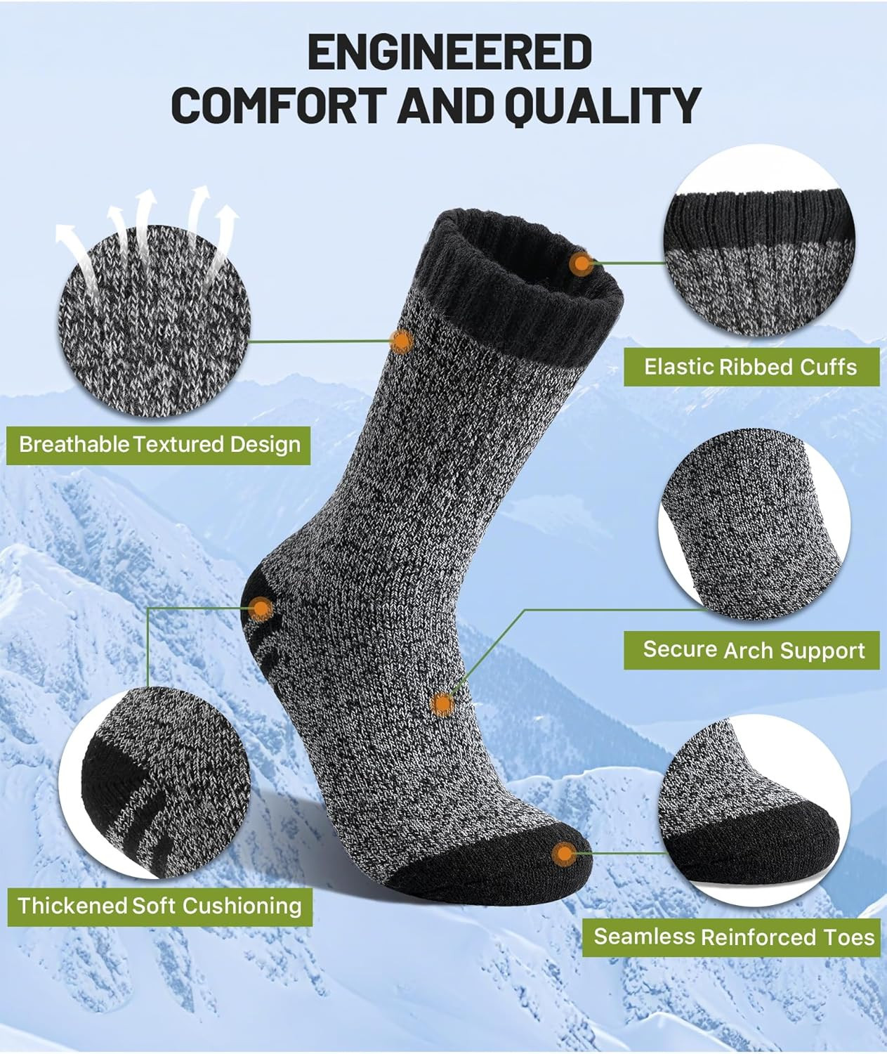 Merino Wool Socks for Men, 5 Pairs Thermal Warm Hiking Super Thick Crew Work Cus