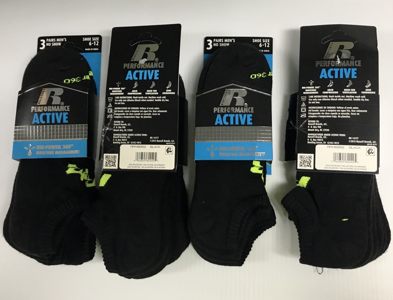 Russell DRI-POWER 360 Performance Active No-Show Socks, Black, Large, 12 pairs
