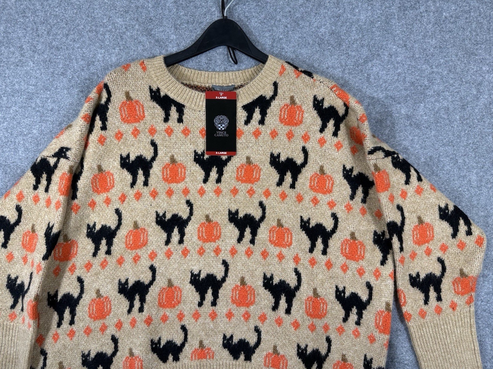 Vince Camuto Pullover Halloween Sweater Womens XL Beige Tan Knit Crew Neck NWT
