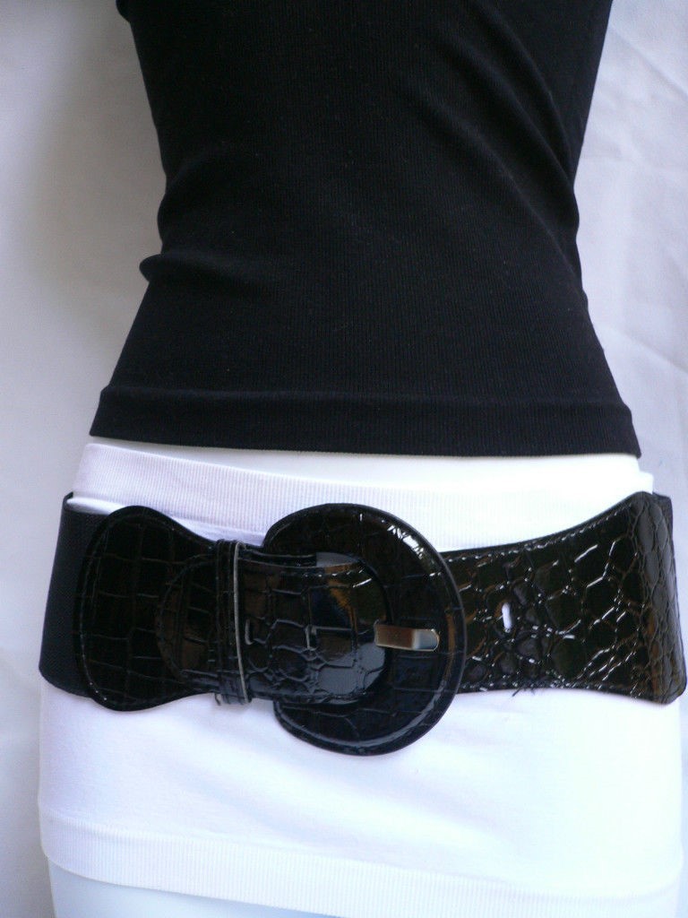 WOMEN ELASTIC FABRIC STRETCH BLACK CROCODILE STAMP STRETCH WAISTBAND BELT S M