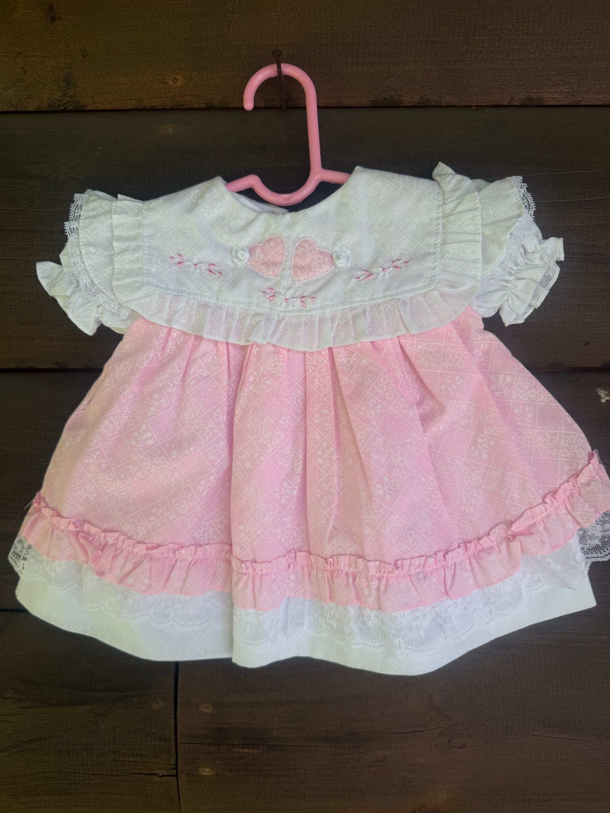 Vintage 2pc Pink White Embroidered Hearts MAYFAIR Girls Dress 6-9mo Lace ruffle