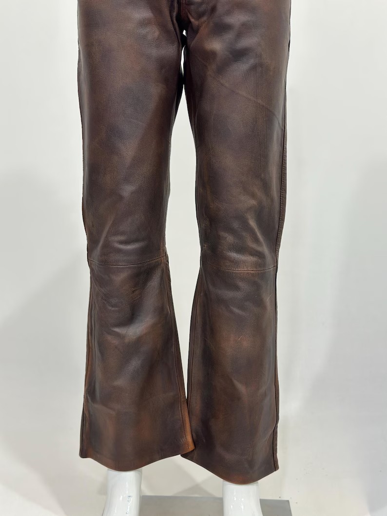 Men’s Brown Distressed Leather Biker Pants Slim Fit Cafe Racer Trousers