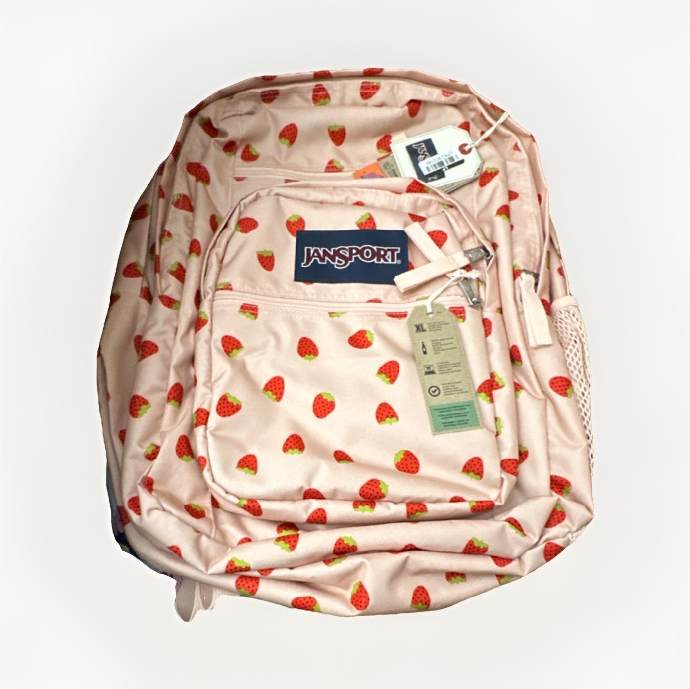JanSport Big Student Strawberry Shower XL Kids Backpack Zipper Strap Accent