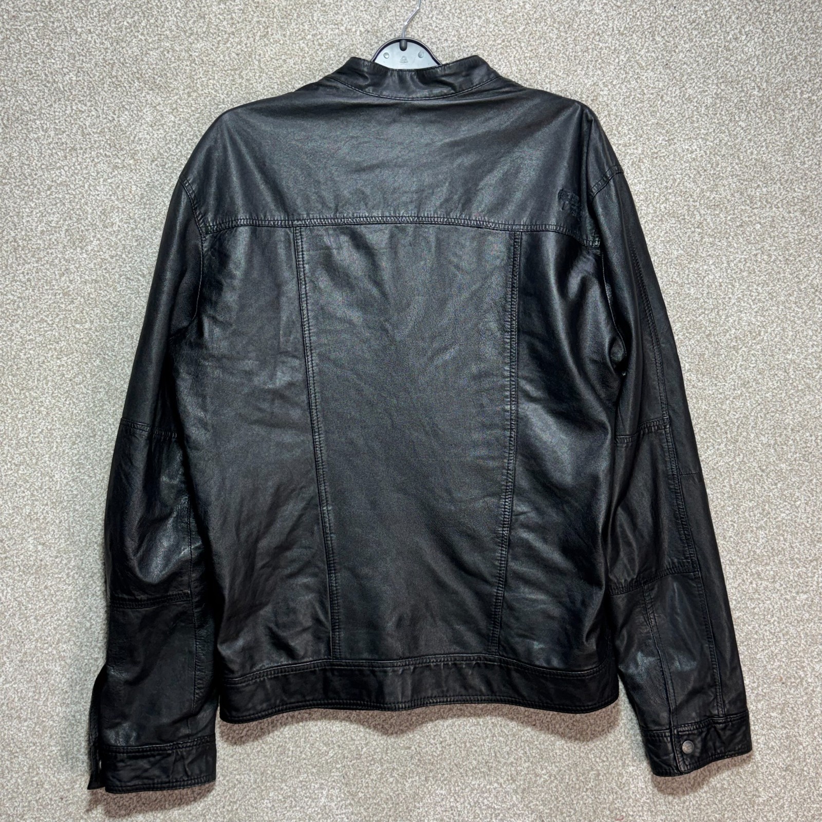 Superdry Leather Biker Jacket Mens XL Black Cafe Racer Moto Motorcycle