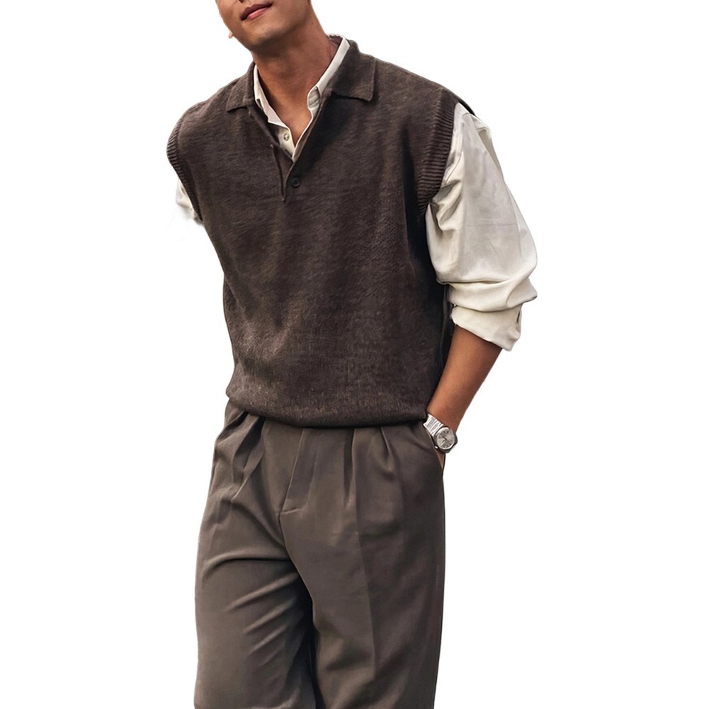Men Sleeveless Sweater Vest Knitted Pullover with Lapel for Casual