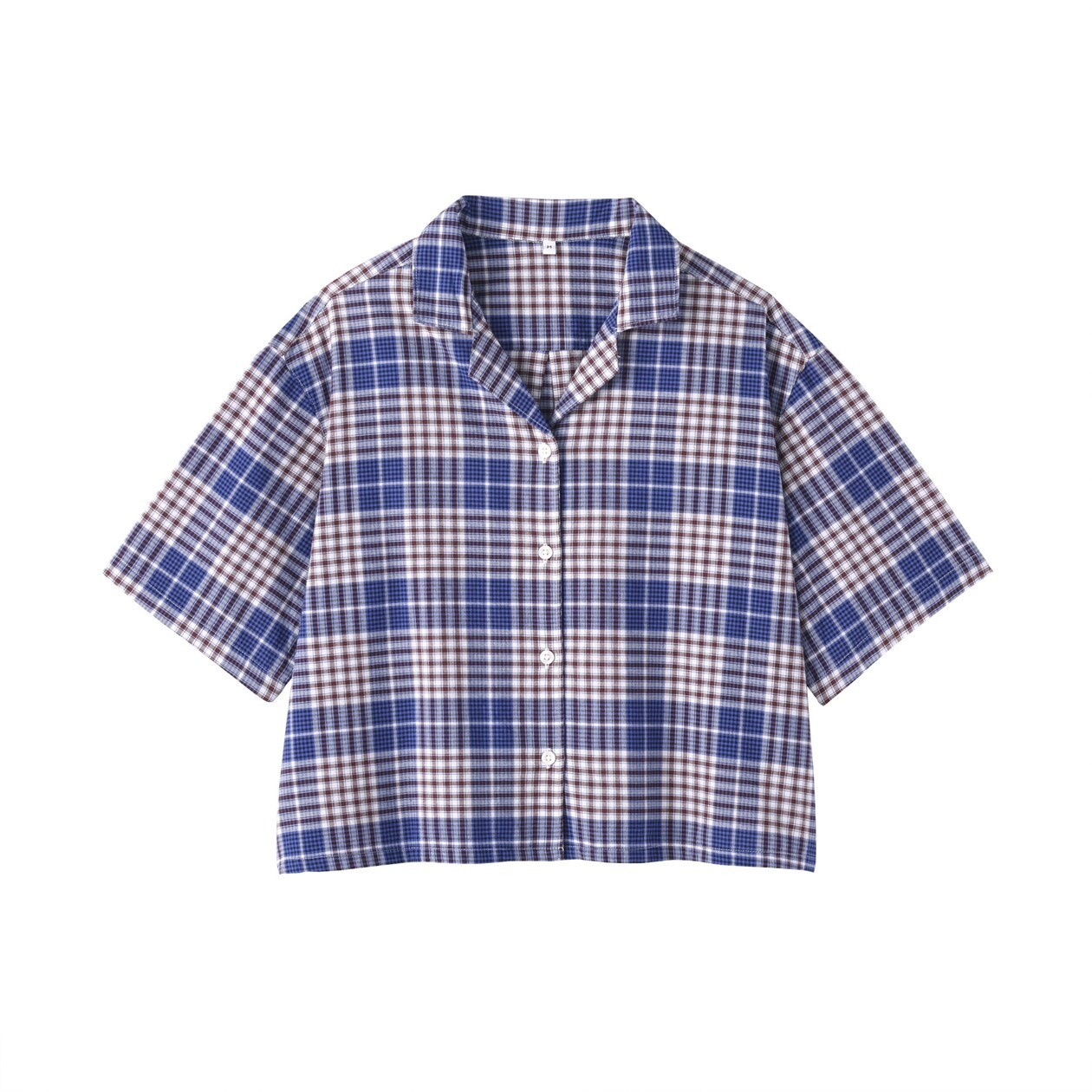 MUJI Womens 100% Organic Cotton Madras Check Cropped Shirt Blue FedEx