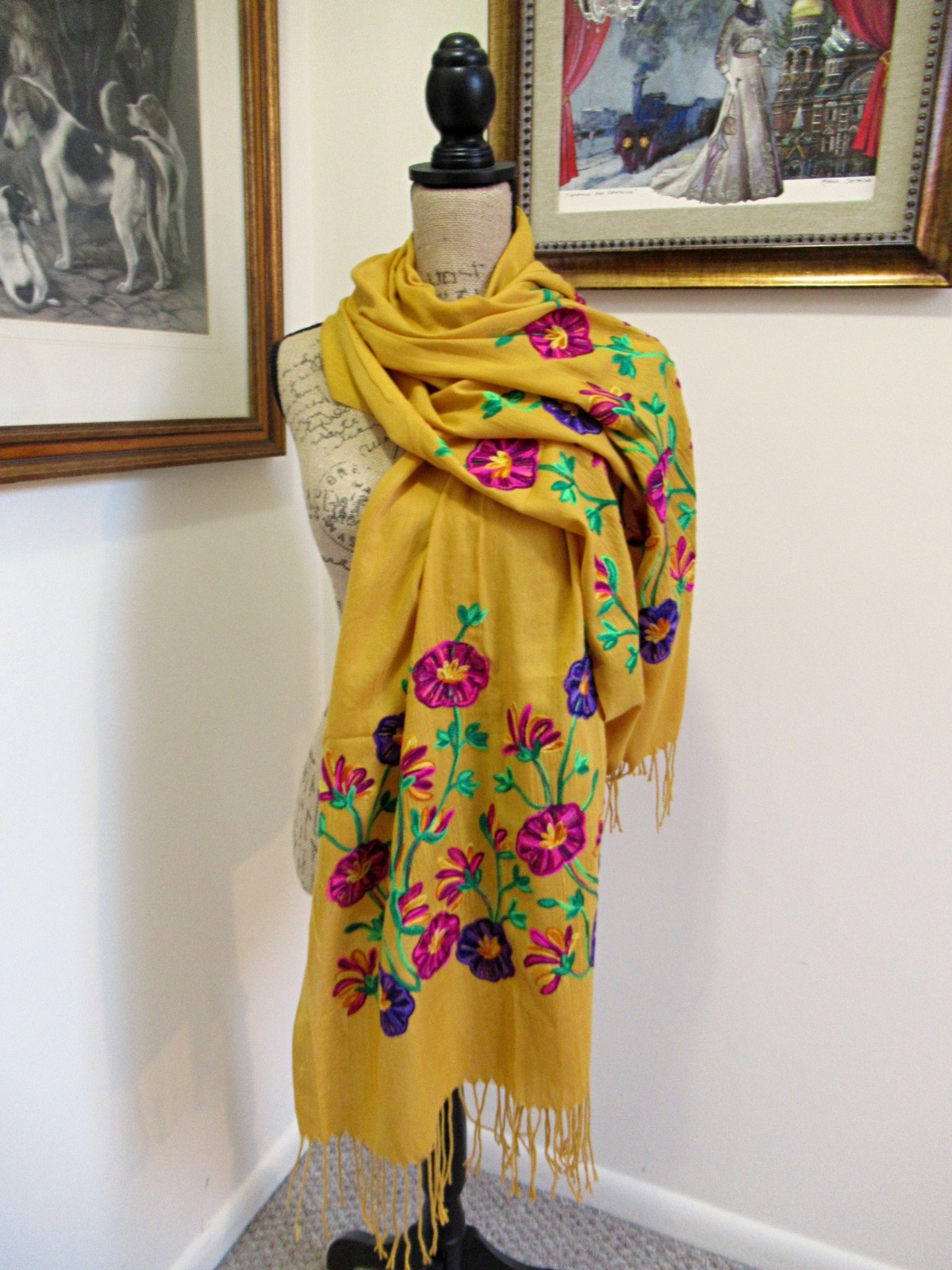 MEXICAN EMBROIDERED SOFT FRINGED SHAWL REBOZO WRAP 76 X 28 – MADE in MEXICO
