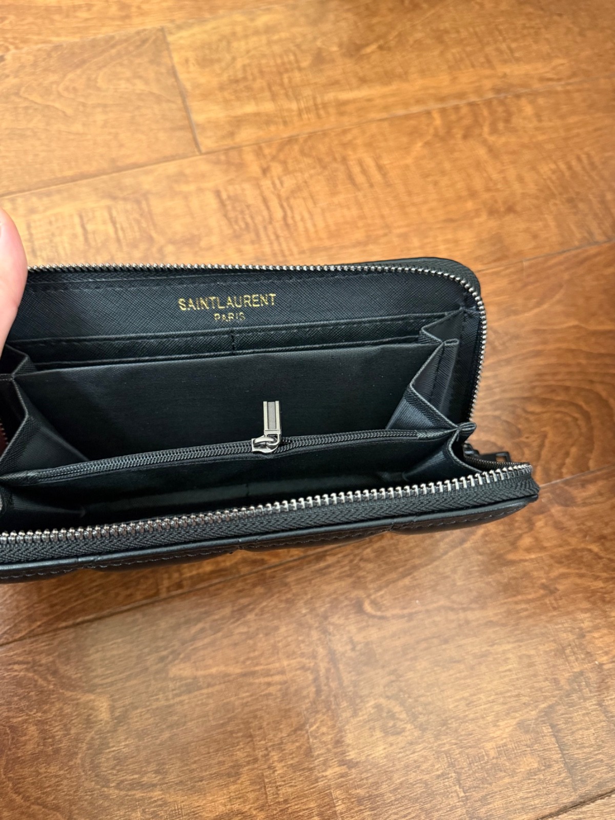 yves saint laurent black on black zip around quilted wallet