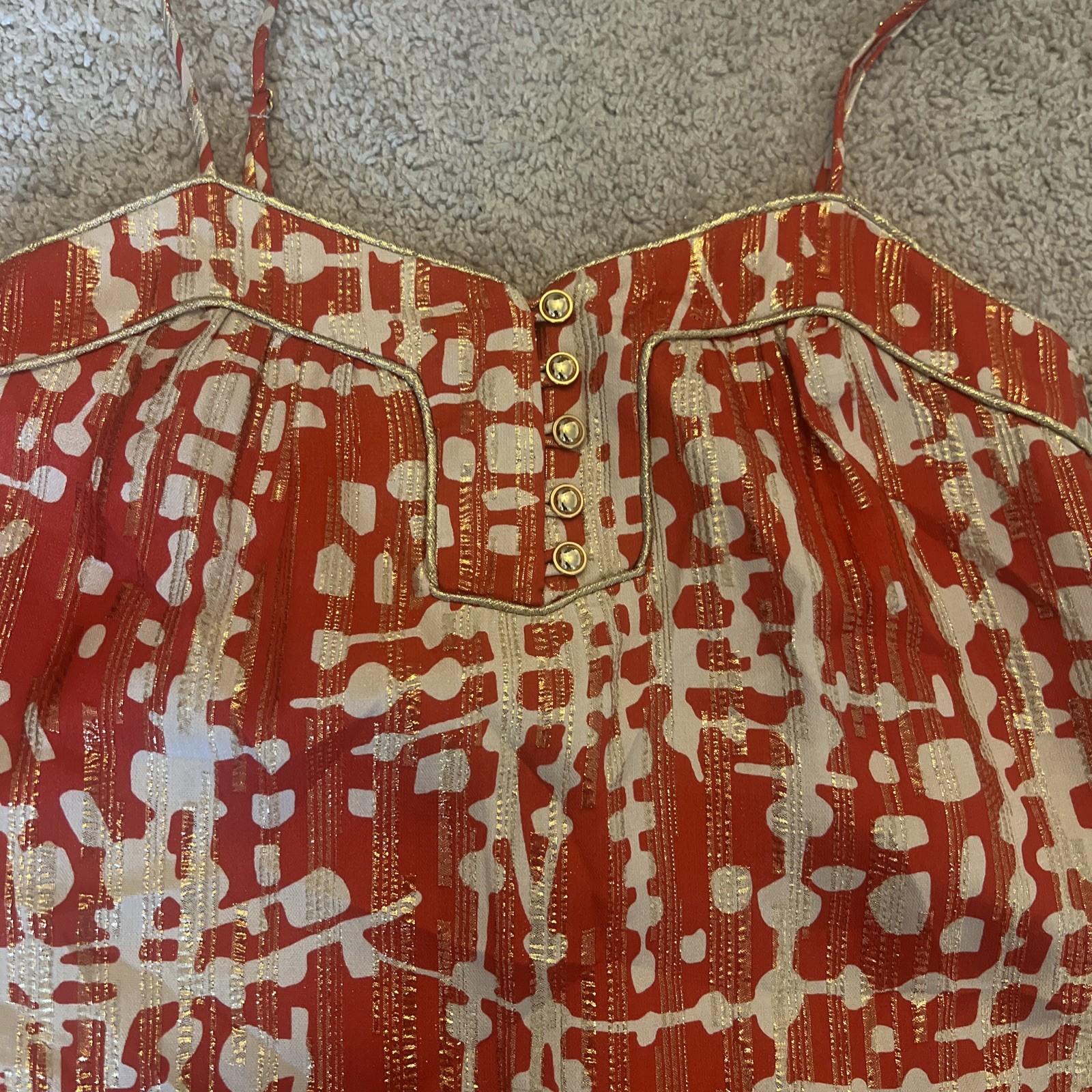 Shoshanna Silk Spaghetti Strap Button Tunic Cami Y2K Size 4. Orange Ivory Gold.