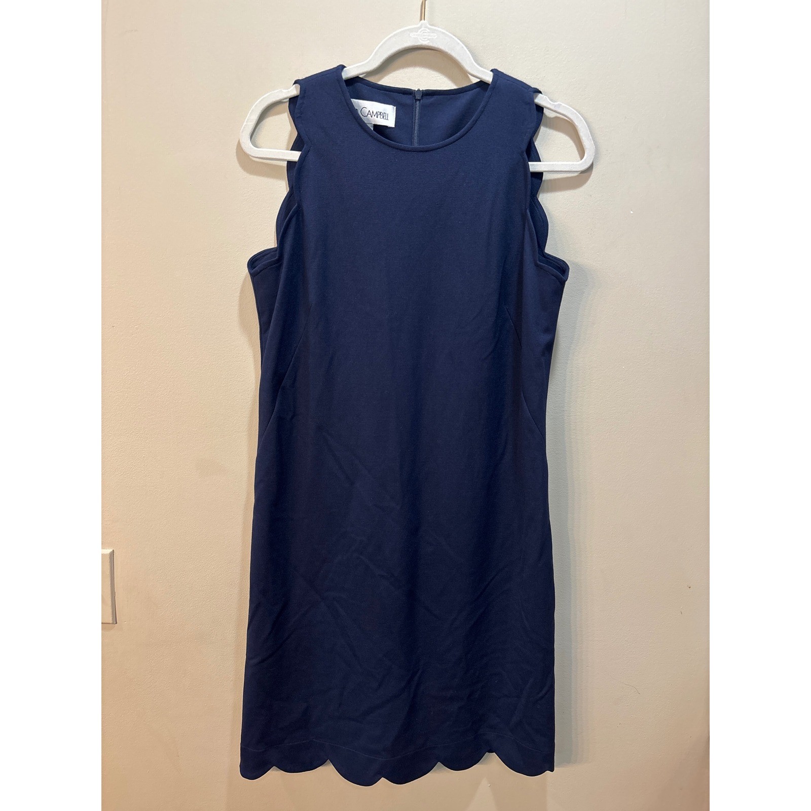 Sara Campbell Navy Blue Scalloped Shift Dress Sleeveless Made in USA Size M