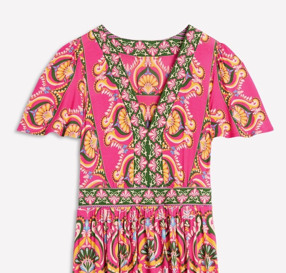 Boden ELLIE FLUTTER V-Neck Pink/Green/Yellow Short Sleeve Jersey Maxi Dress 18R