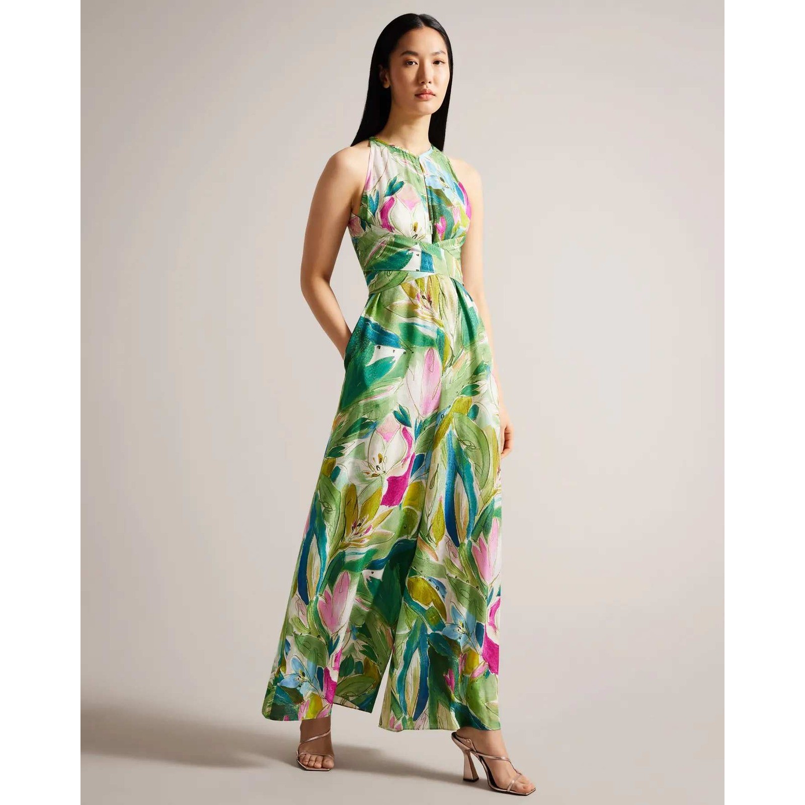 Ted Baker Rachily Green Floral Halterneck Wrap Bodice Wide Leg Jumpsuit Size 2