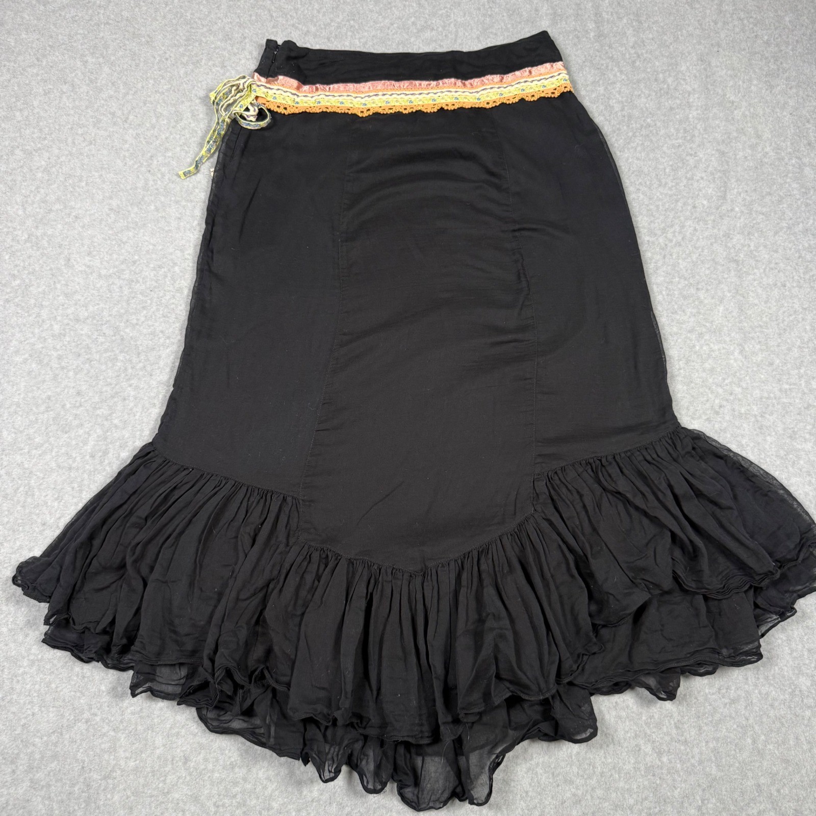 Free People Vintage Y2K Fairy Core Black Boho Ruffle Midi Skirt Ribbon Lace 8