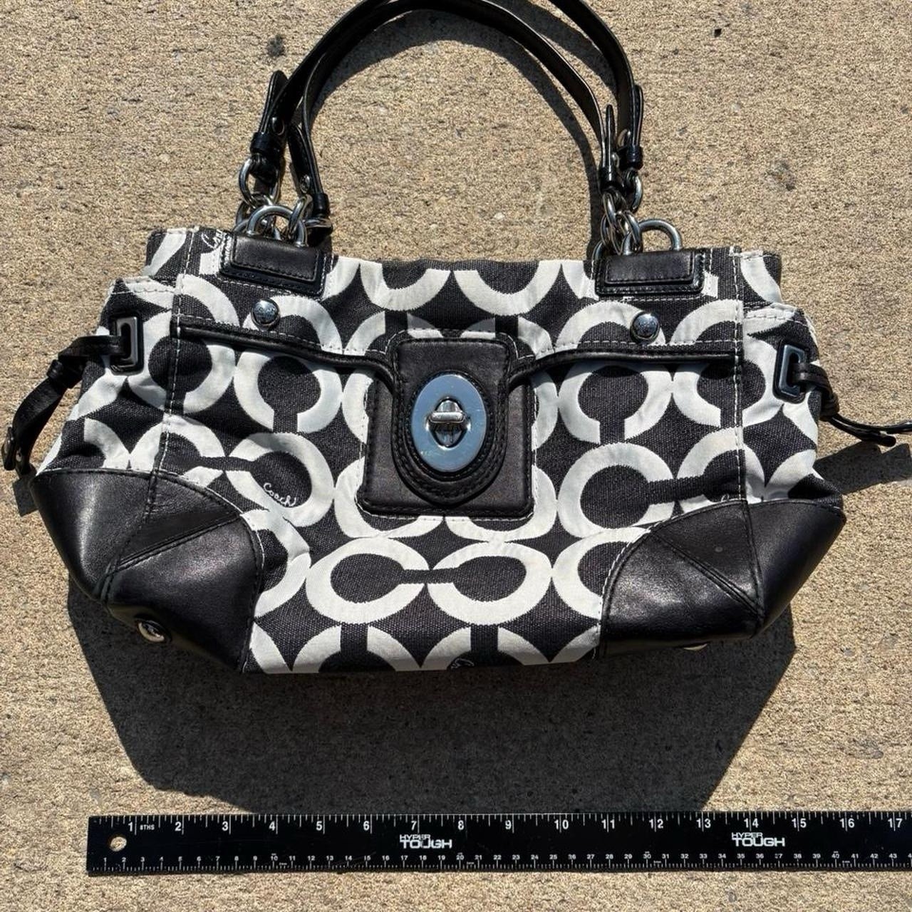 Coach Peyton Op Art Satchel Bag Black White Signature Turnlock Purse Handbag