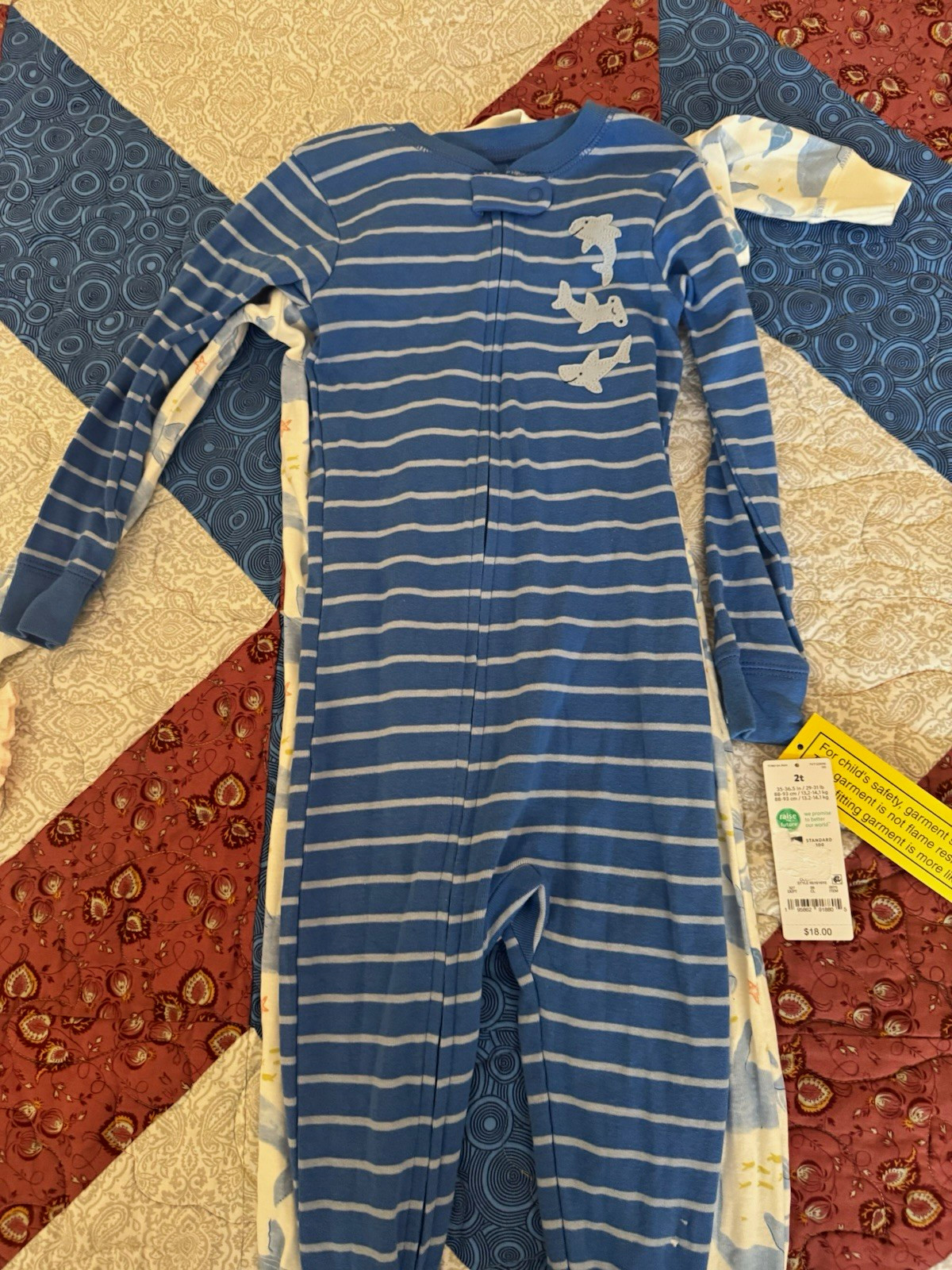Carter’s 2T Blue/White Striped Shark Coverall Zip Footless Cotton One-Piece