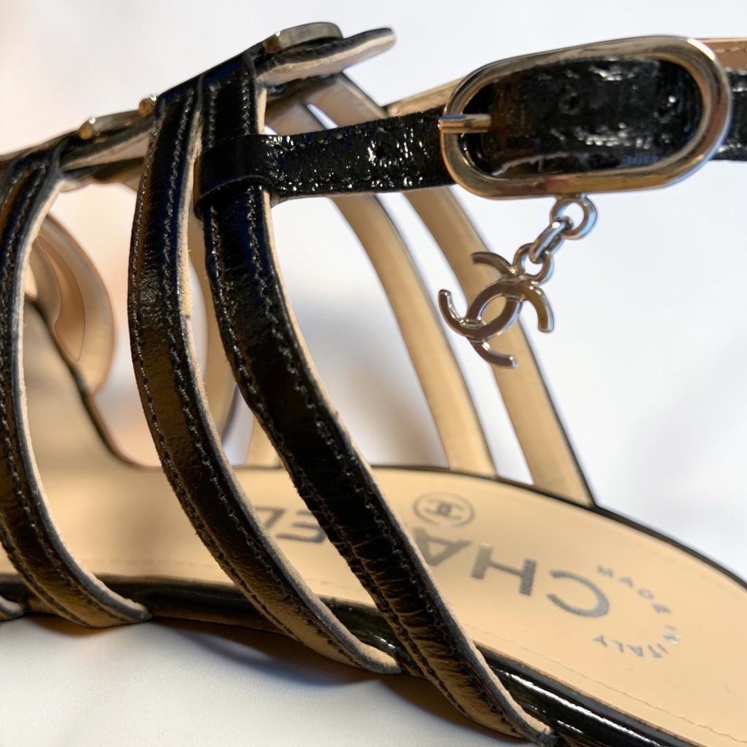 CHANEL CC Logo Coco Mark Patent Leather Strappy Cork Wedge Sandals US 5