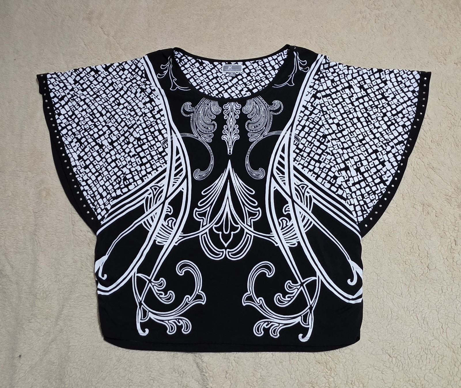 JM Collection Black and White Rhinestone Embellished Kimono Sleeve Top XL