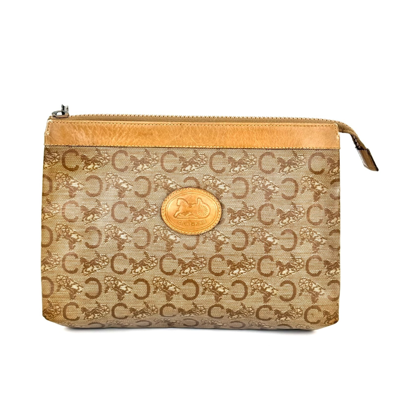 CELINE C Macadam Clutch Bag Pouch PVC Leather Brown M05 Authentic