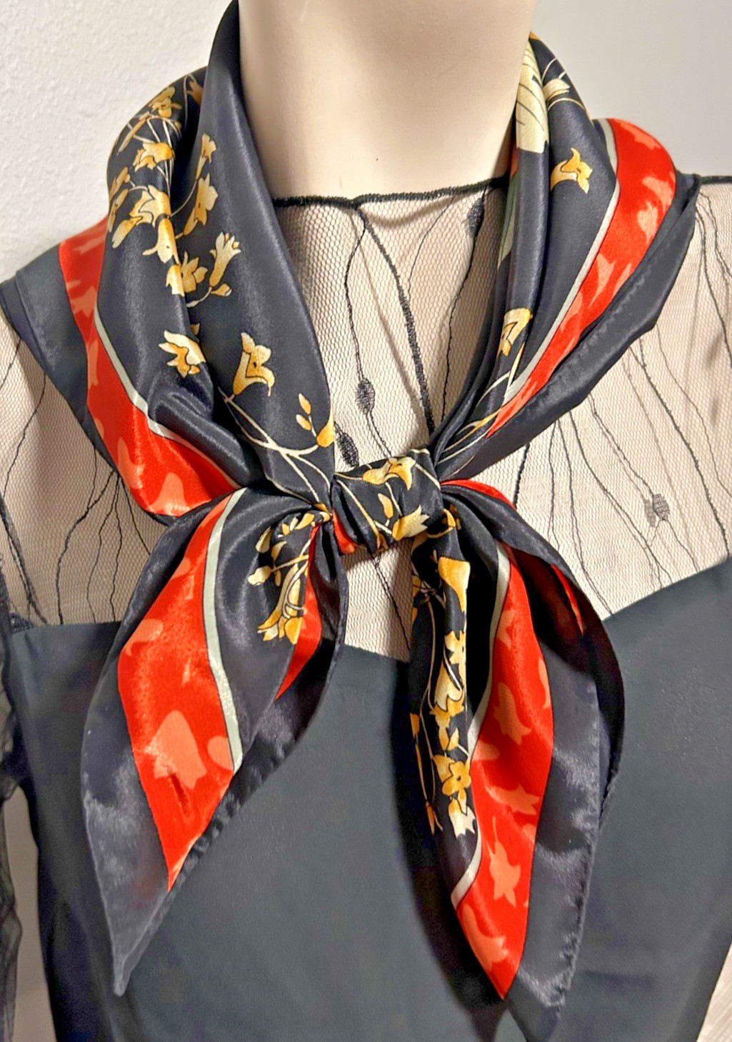 Vintage 28 Inch Med. Square Black, Orange and Gold Floral Pattern Scarf VS-01