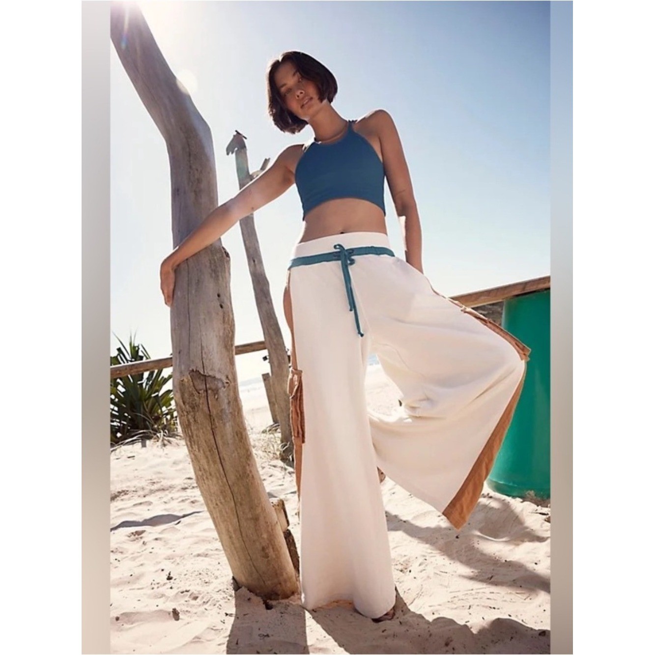 Free People FP Movement Playoff Colorblock Wide-Legs Pants Size Medium Ivory Tan