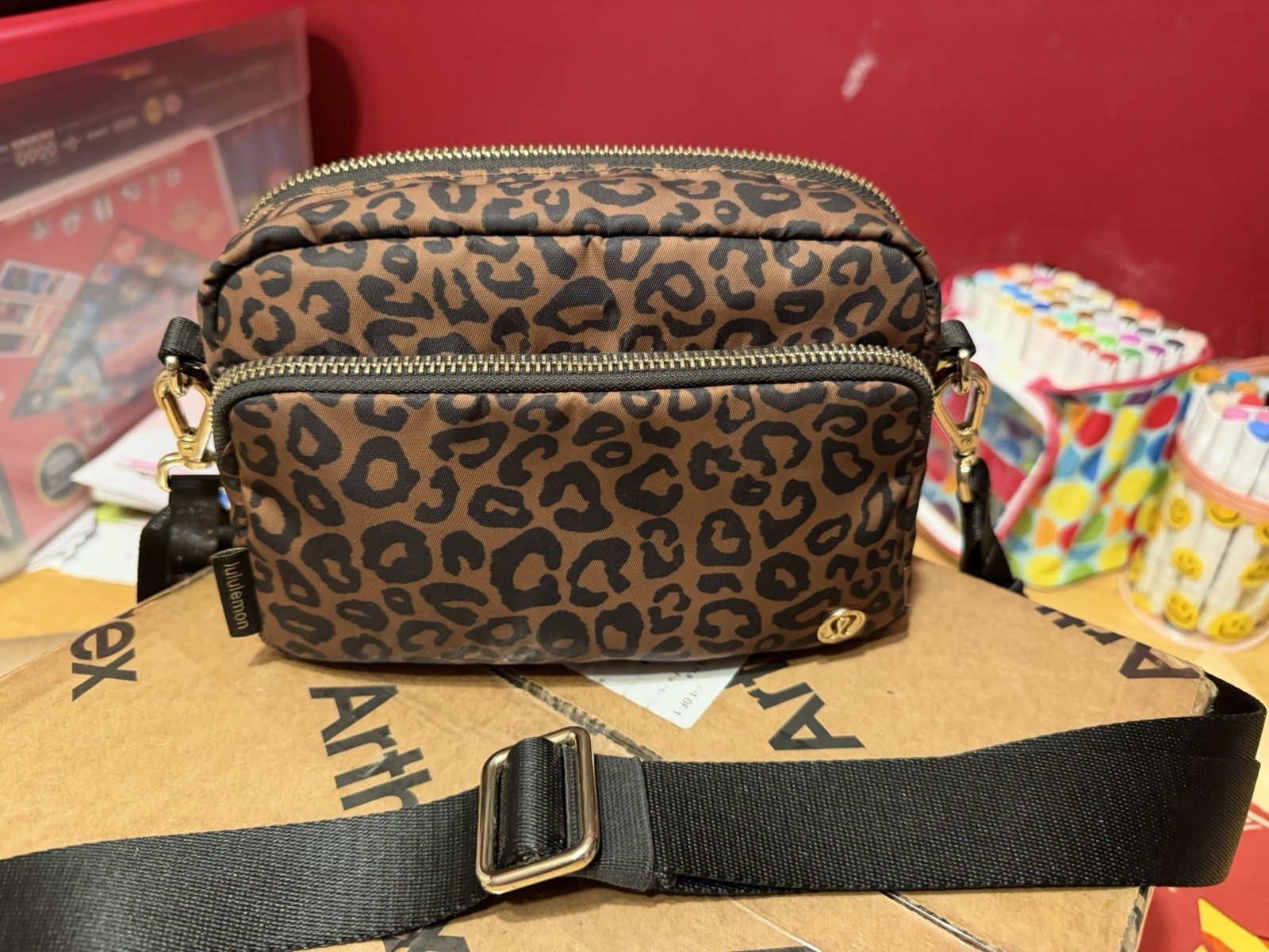 lululemon Leopard Print Everywhere Crossbody Bag 2L Metal Hardware Purse