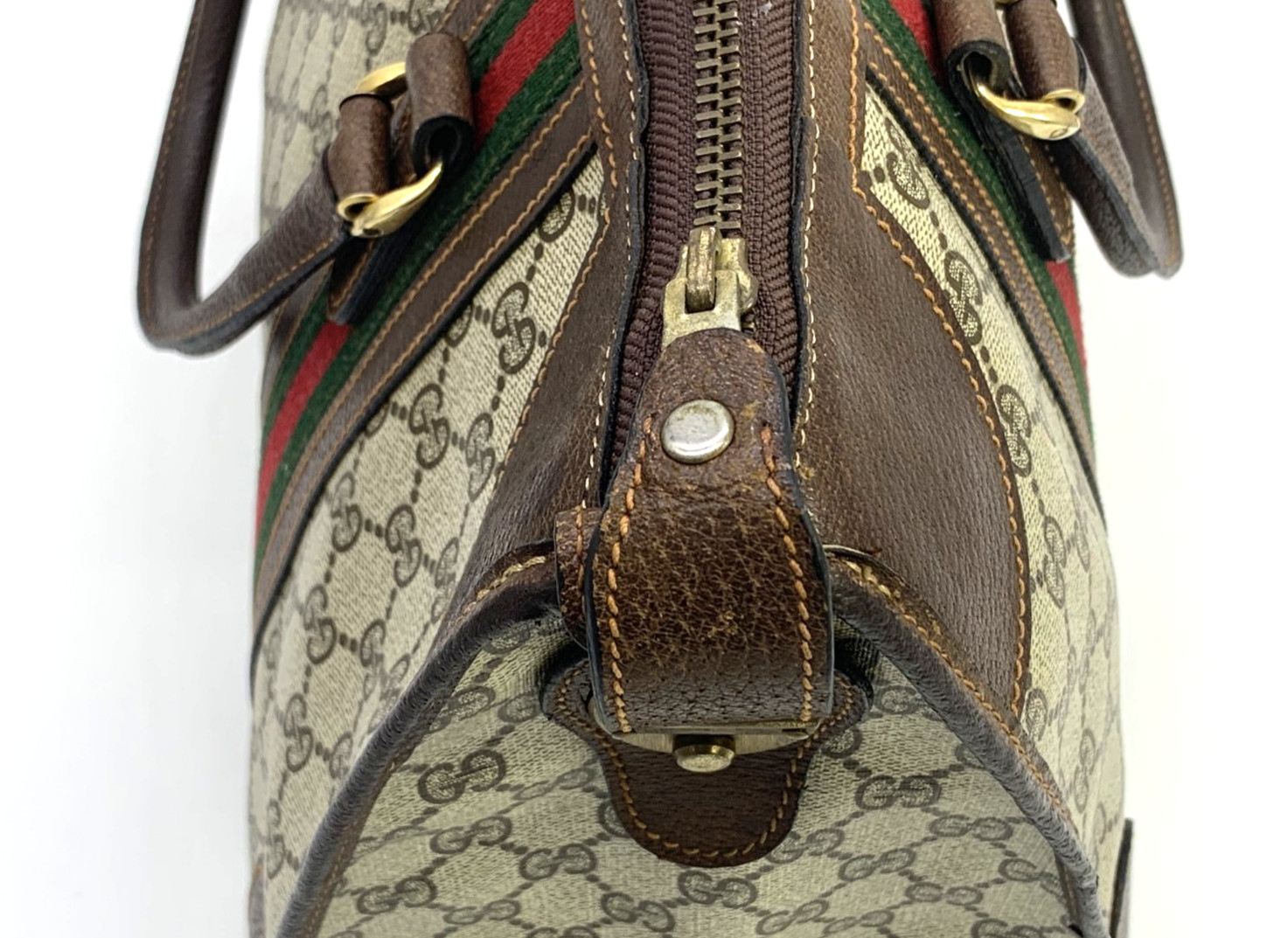 GUCCI VINTAGE Web Stripe Handbag Boston GG Supreme Classic Brown Rare Authentic