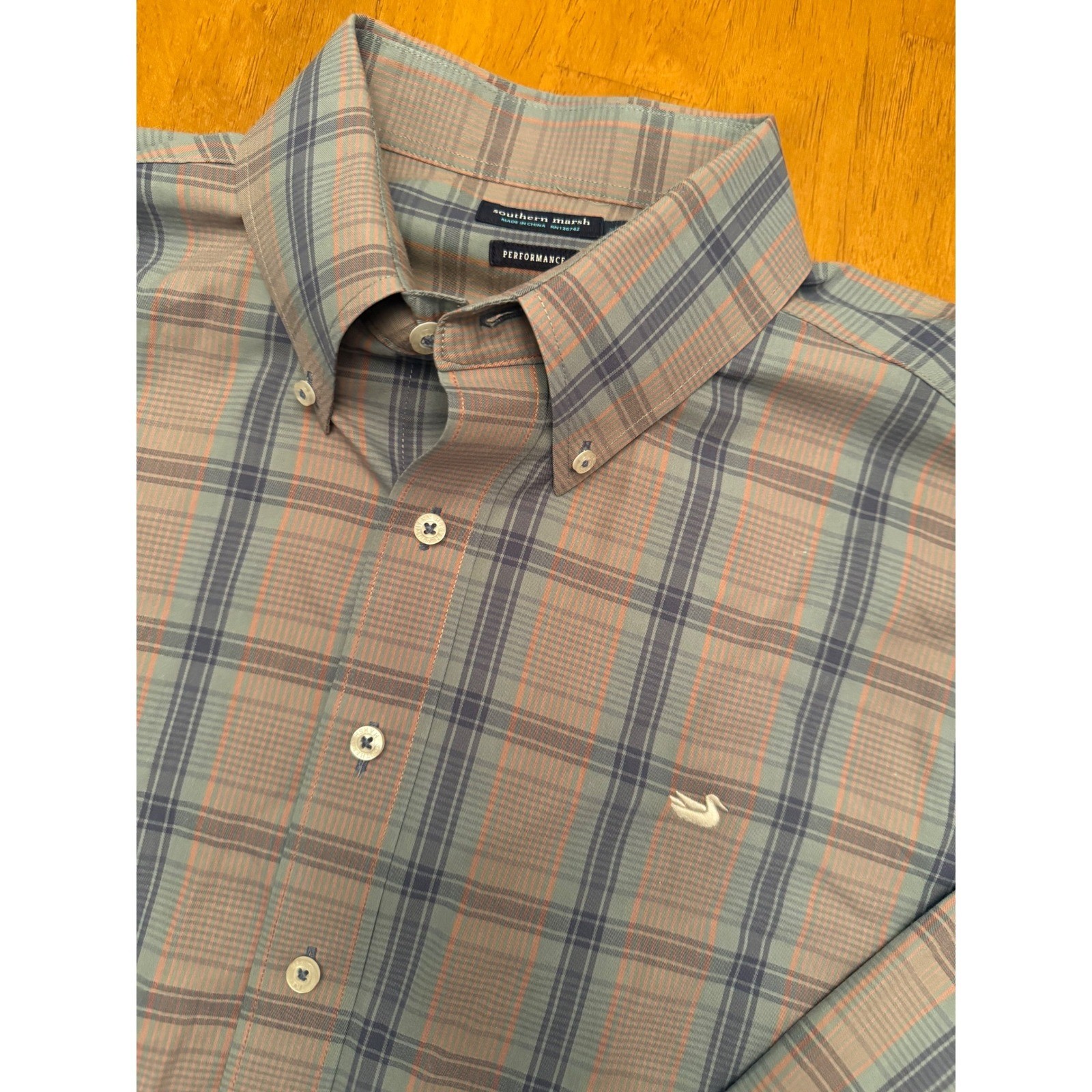 Southern Marsh Performance Plaid Button Down Shirt Mens XL Grey Blue Orange Duck