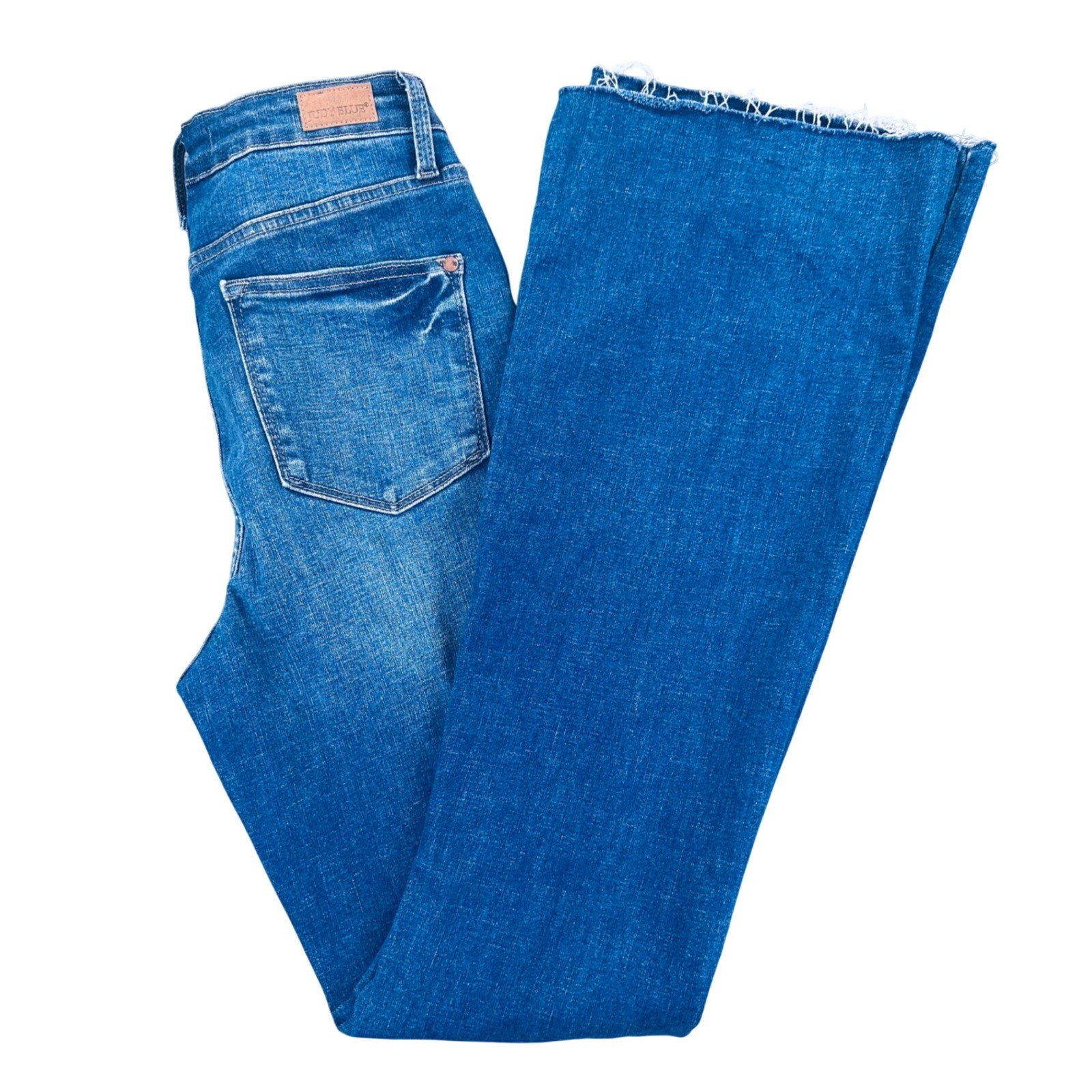 Judy Blue Control Top Flare Jeans Medium Wash Raw Hem Womens 7/28 Stretch Casual