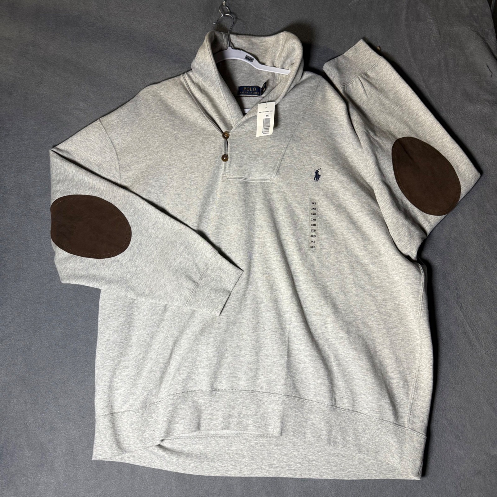 Polo Ralph Lauren Mens 3XB Shawl Collar Sweatshirt Grey Elbow Patches NWT