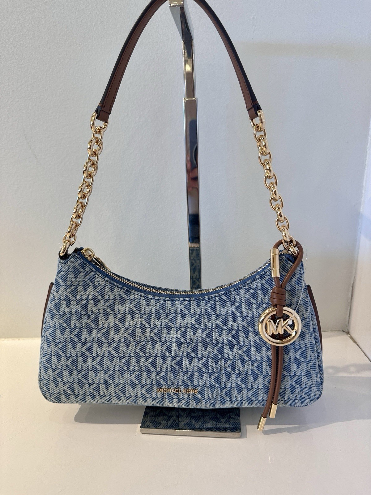 Michael Kors NWT Nolita Medium Signature Logo Print Denim Chain Pochette