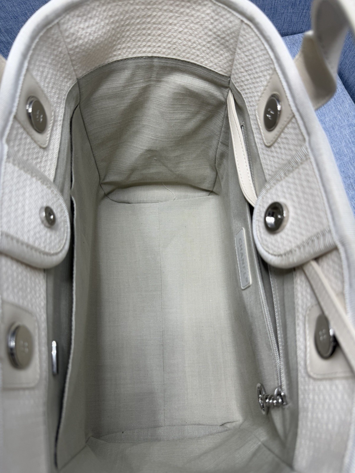 Chanel Deauville MM Tote Bag With Pouch Chain Tweed Material White