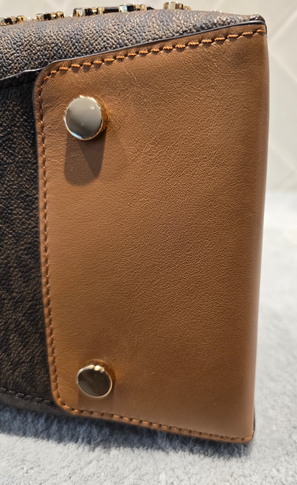 NWT Michael Michael Kors Gramercy Tan Leather/MK Logo Satchel w/ Nailhead Studs