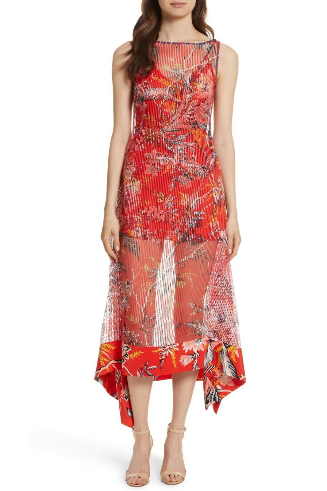 NEW Diane Von Furstenburg Floral Chiffon Midi Dress in Red- Size 10 #D2342