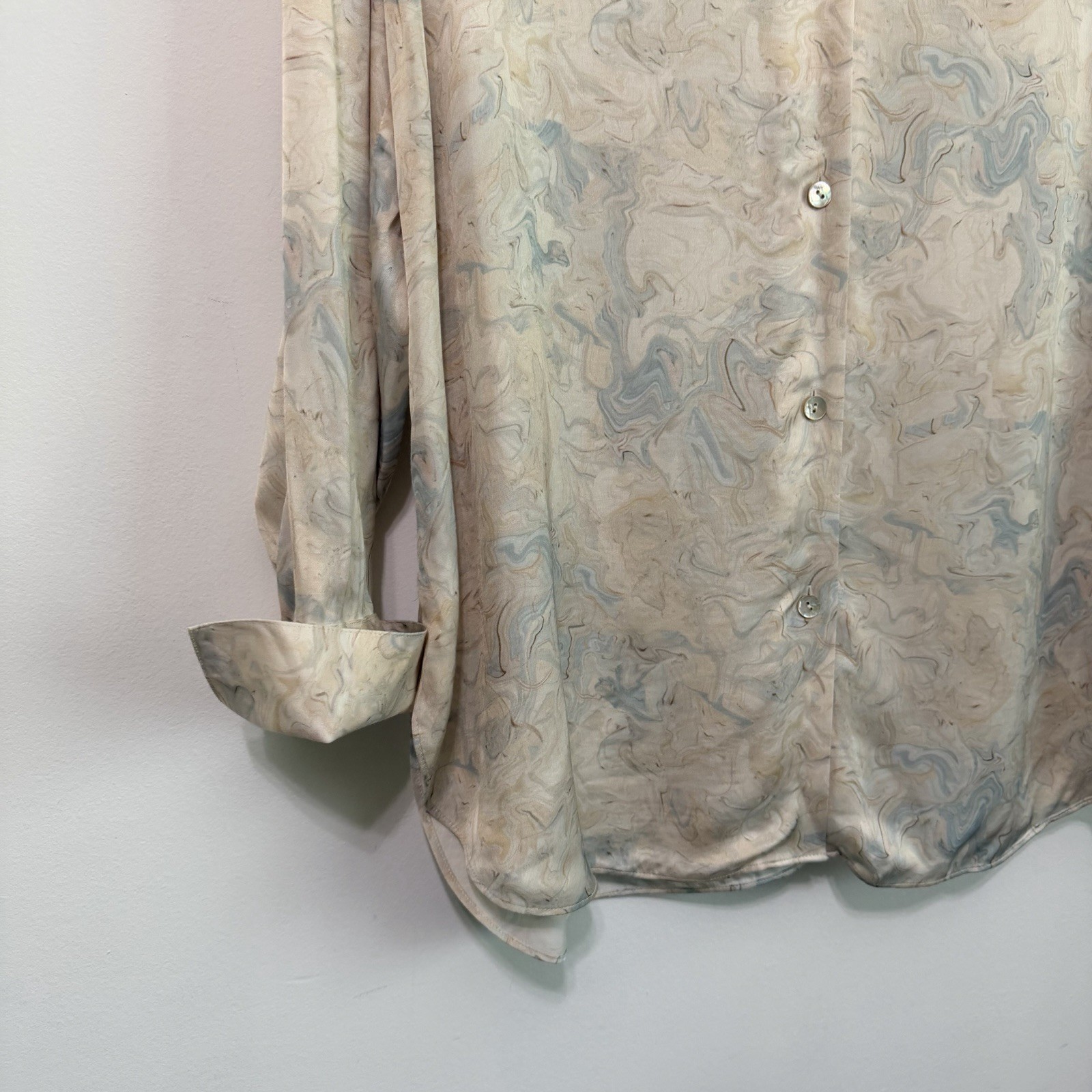 Vince Marble Print Blouse XL Relaxed Button Front Long Sleeve Party Career Top