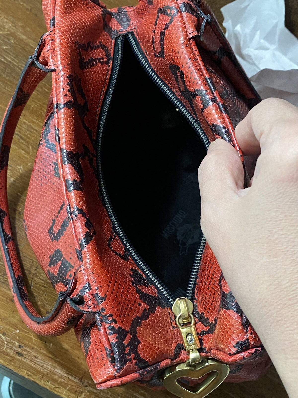 Vintage Moschino Red And Black Boa Snakeskin Handbag Redwall Made in Italy