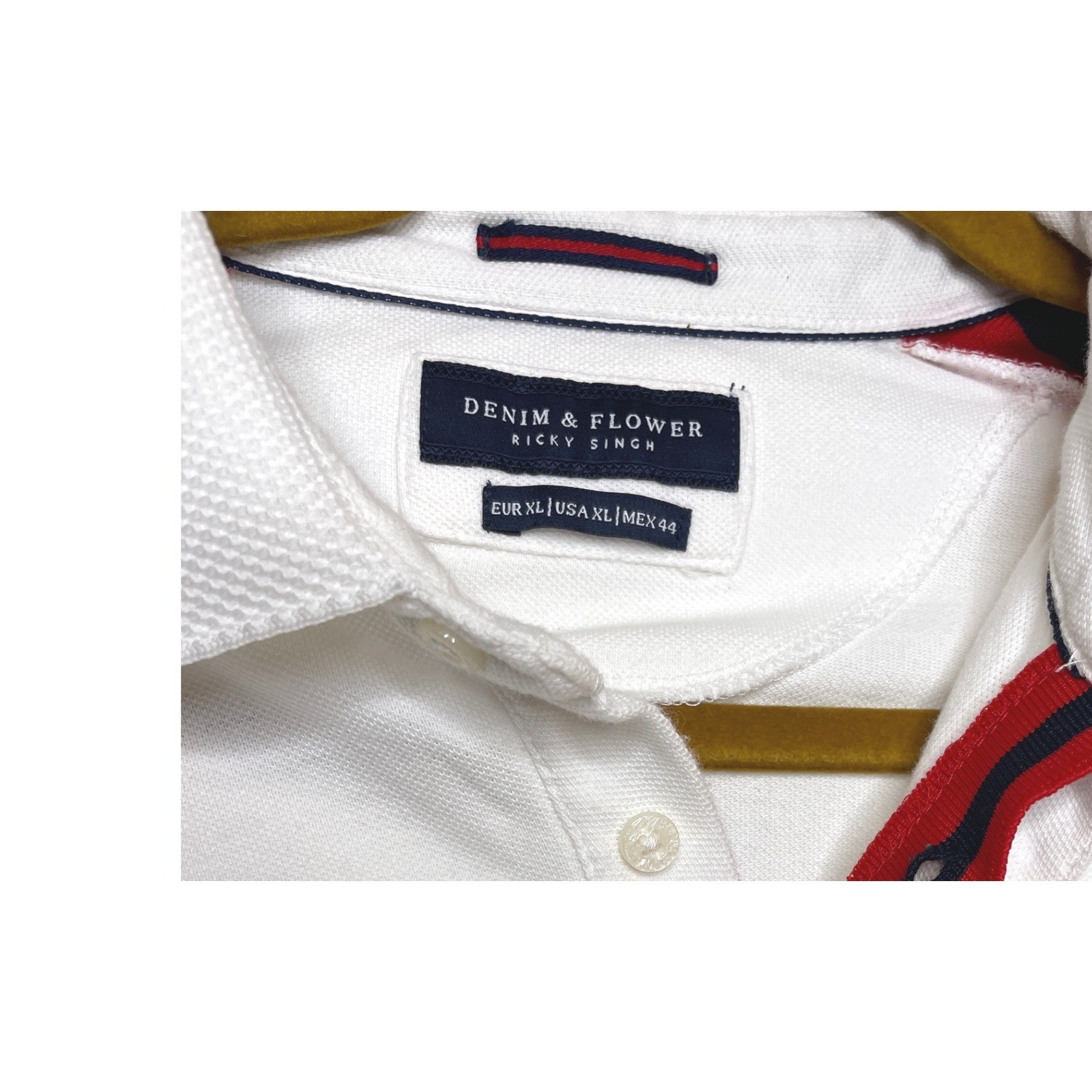 Denim & Flower Mens Polo Shirt Racing Stripe Shoulder XL White, Red, Blue