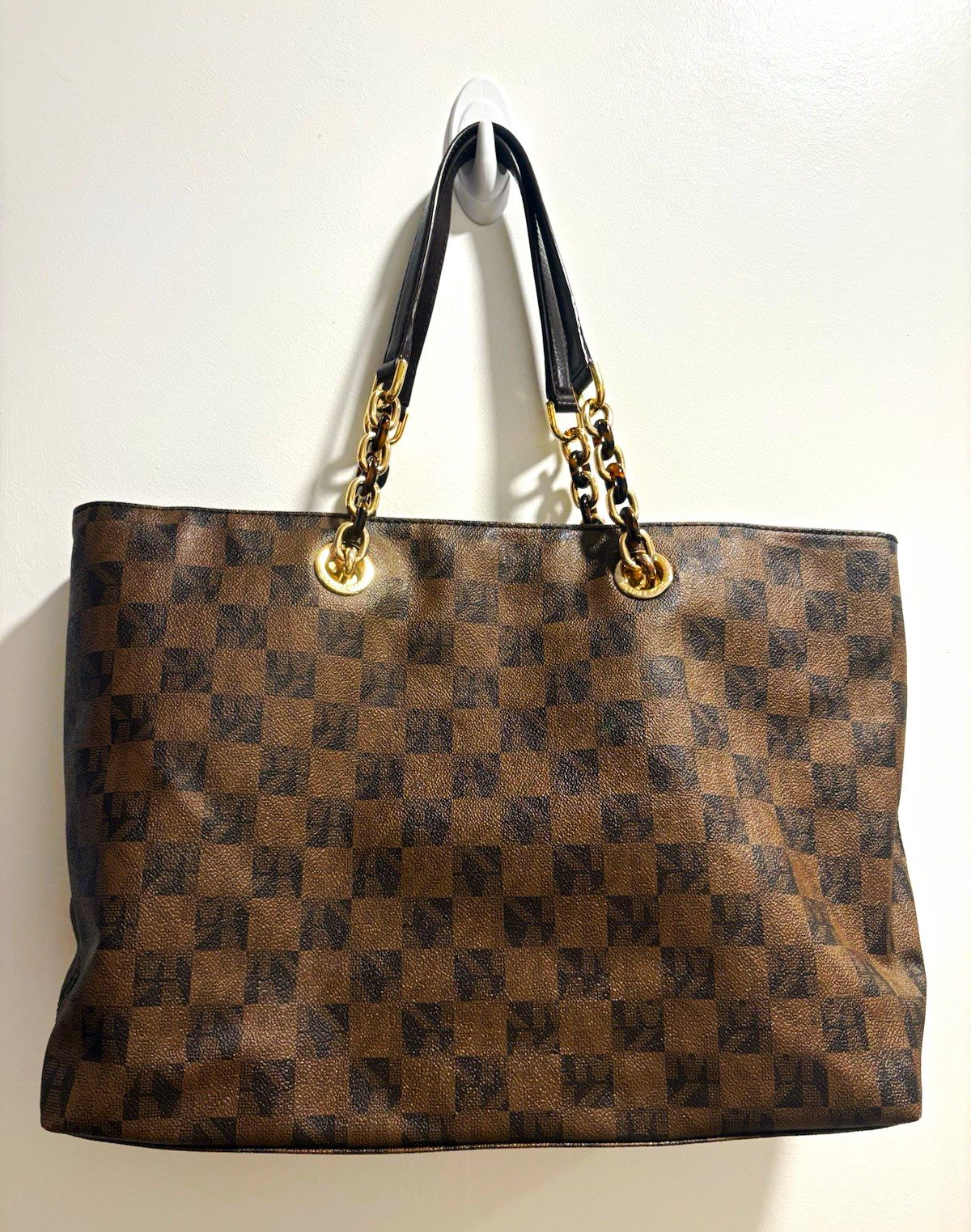 Michael Kors Brown Check Tote Bag Zip Closure Gold Hardware Chain Double Handles