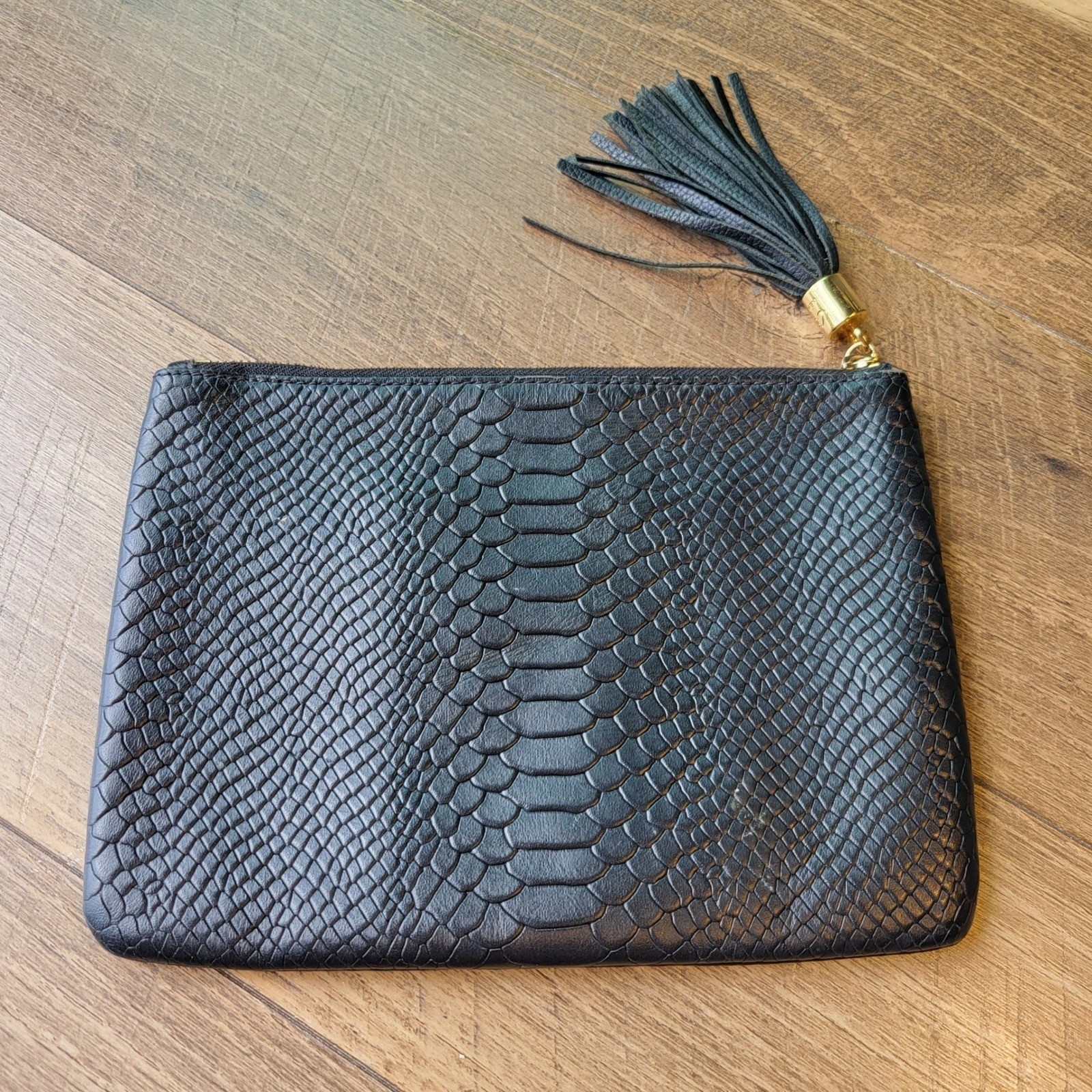 GiGi New York Black Python Embossed Leather Tassel Clutch Monogram JCB