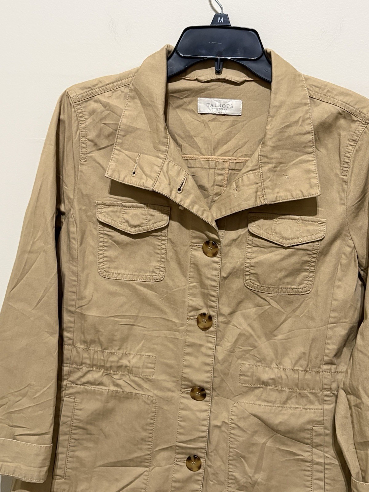 Talbots Petites Safari Utility Jacket PS Tan Beige Military Travel Cotton Blend